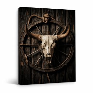 Western Bull Skull Wagon Wheel Framed Canvas Wall Art - Rustic Decor