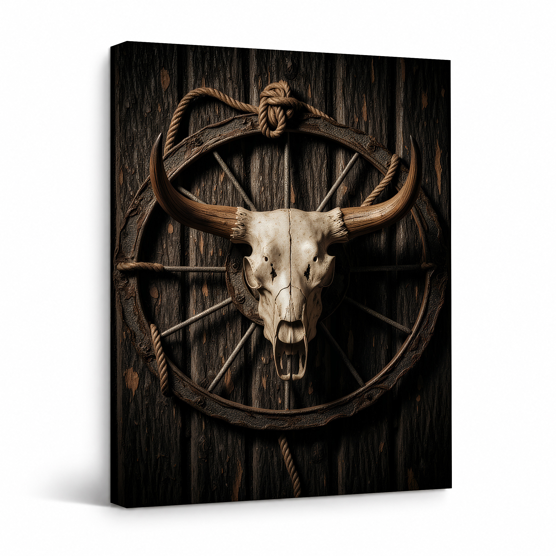 Western Bull Skull Wagon Wheel Framed Canvas Wall Art - Rustic Decor