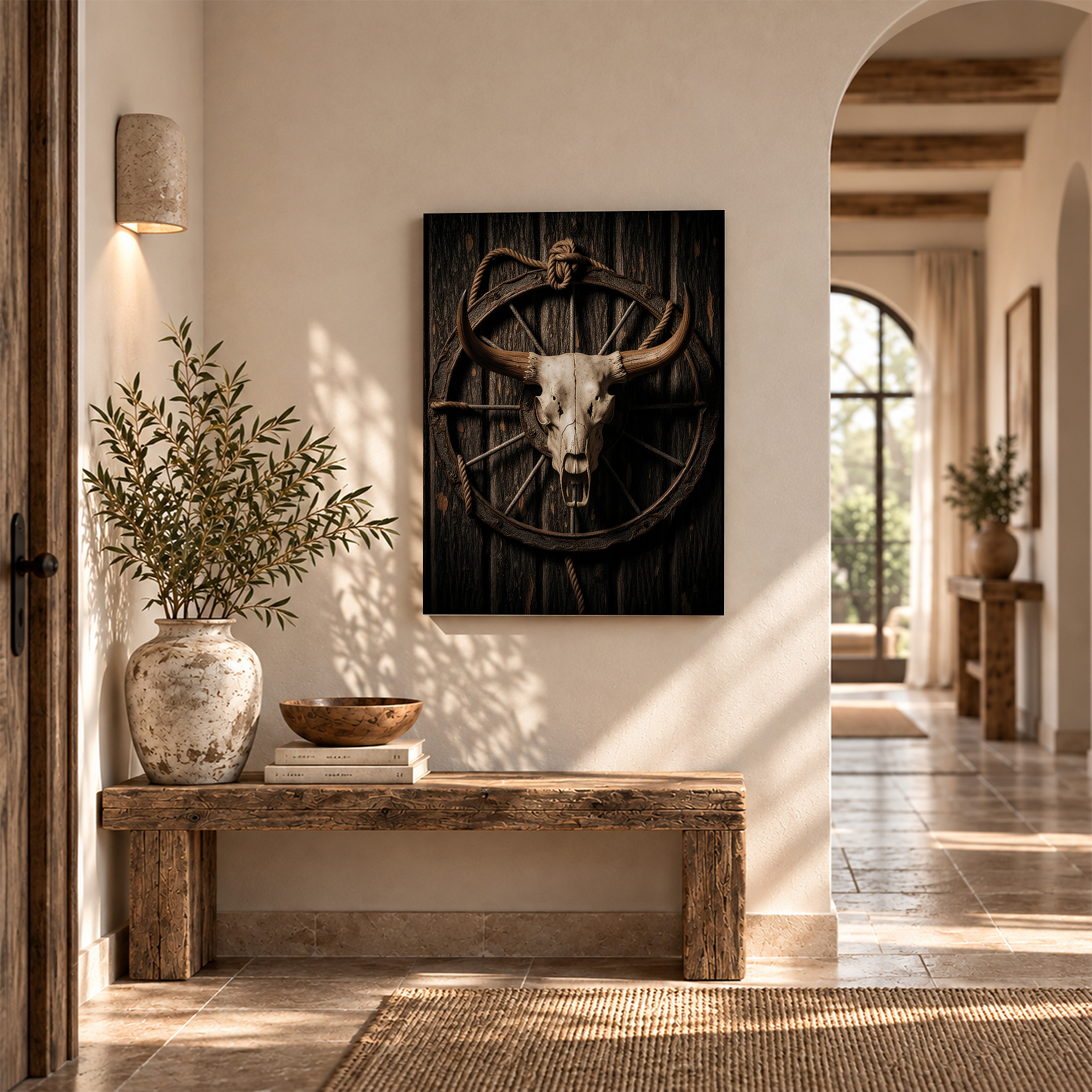 Western Bull Skull Wagon Wheel Framed Canvas Wall Art - Rustic Decor - Image 6