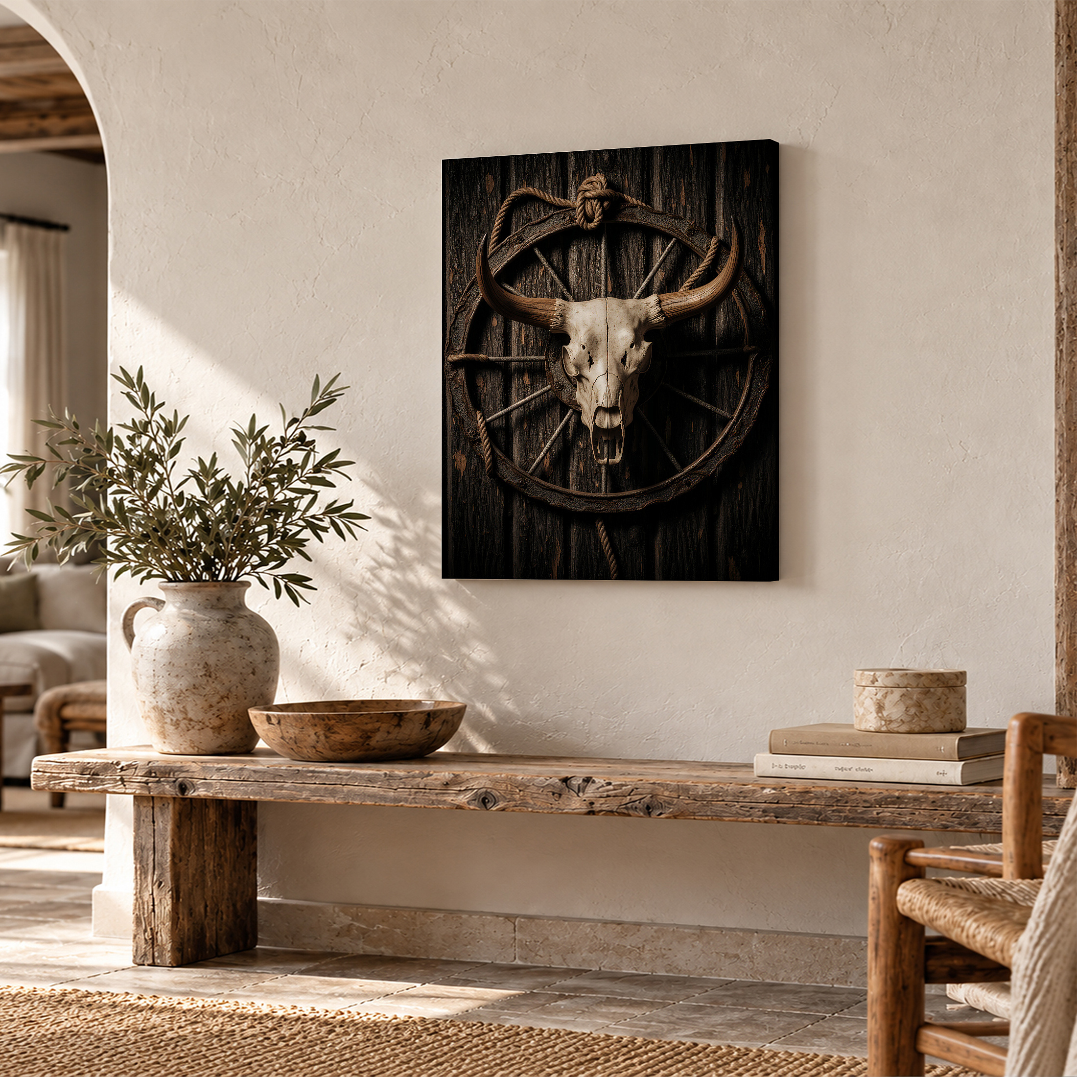 Western Bull Skull Wagon Wheel Framed Canvas Wall Art - Rustic Decor - Image 2