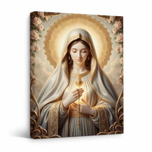 Serene Religious Art with Golden Halo & Roses Framed Canvas Wall Art