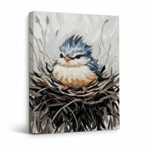 Cute Blue Bird in Nest Framed Canvas Wall Art - Ready to Hang