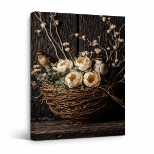 Bird Nest with Flowers Framed Canvas Wall Art - Nature Decor