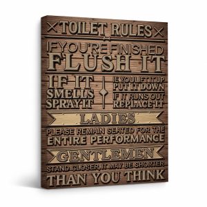 Toilet Rules Humorous Framed Canvas Wall Art - Ready to Hang