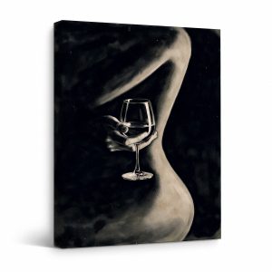 Elegant Monochrome Wine Glass Figure Framed Canvas Wall Art