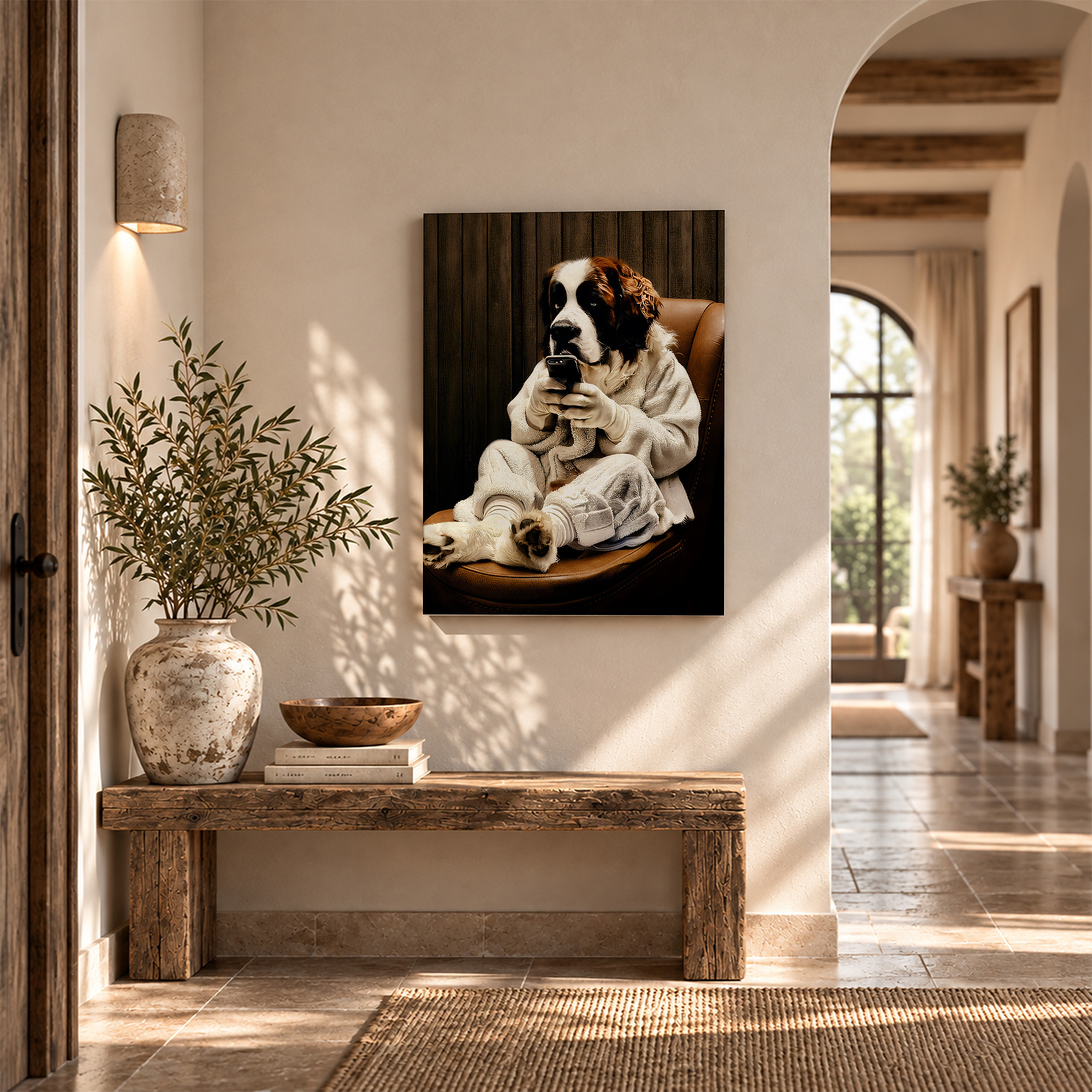 Cute St. Bernard Dog with Smartphone Framed Canvas Wall Art - Image 6