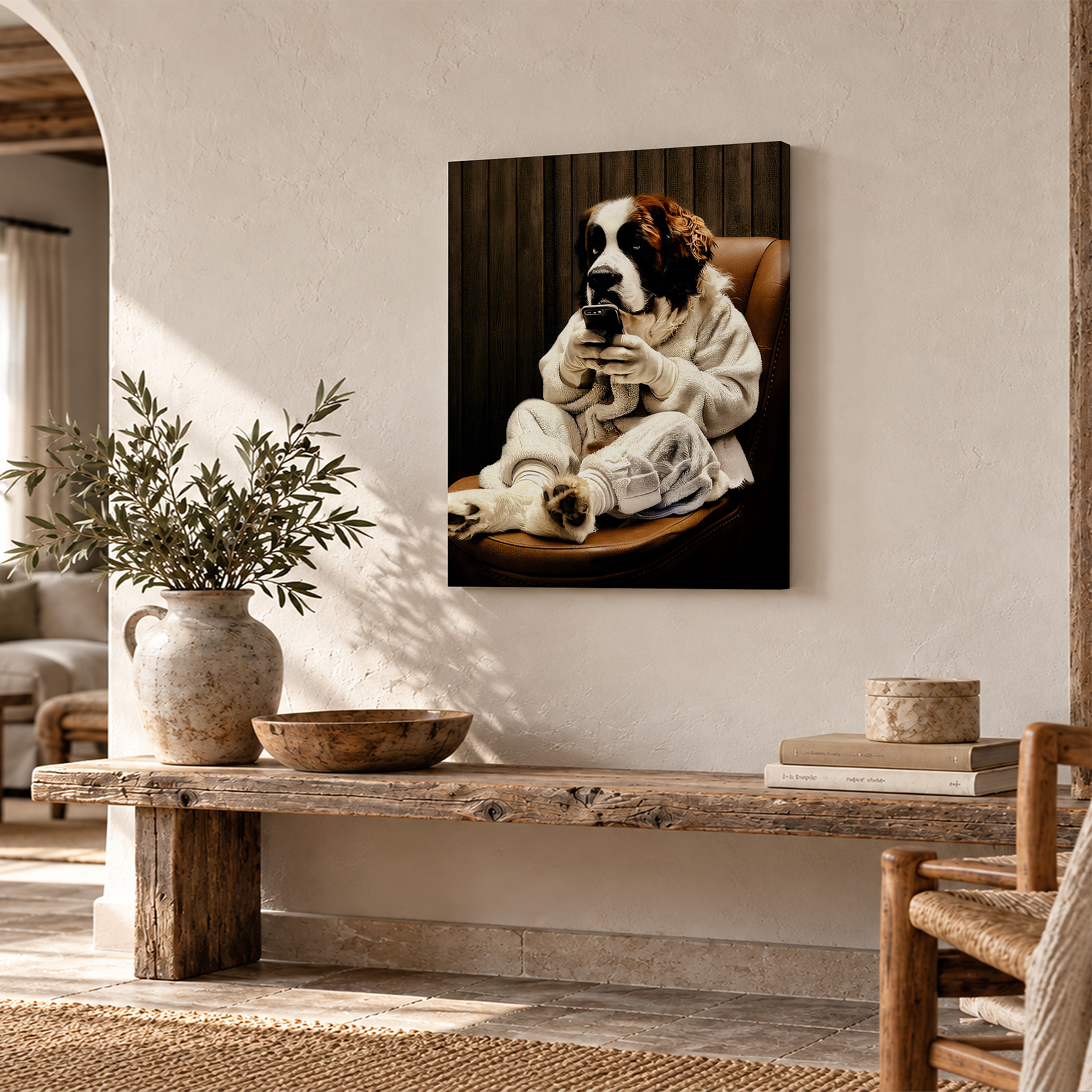 Cute St. Bernard Dog with Smartphone Framed Canvas Wall Art - Image 2