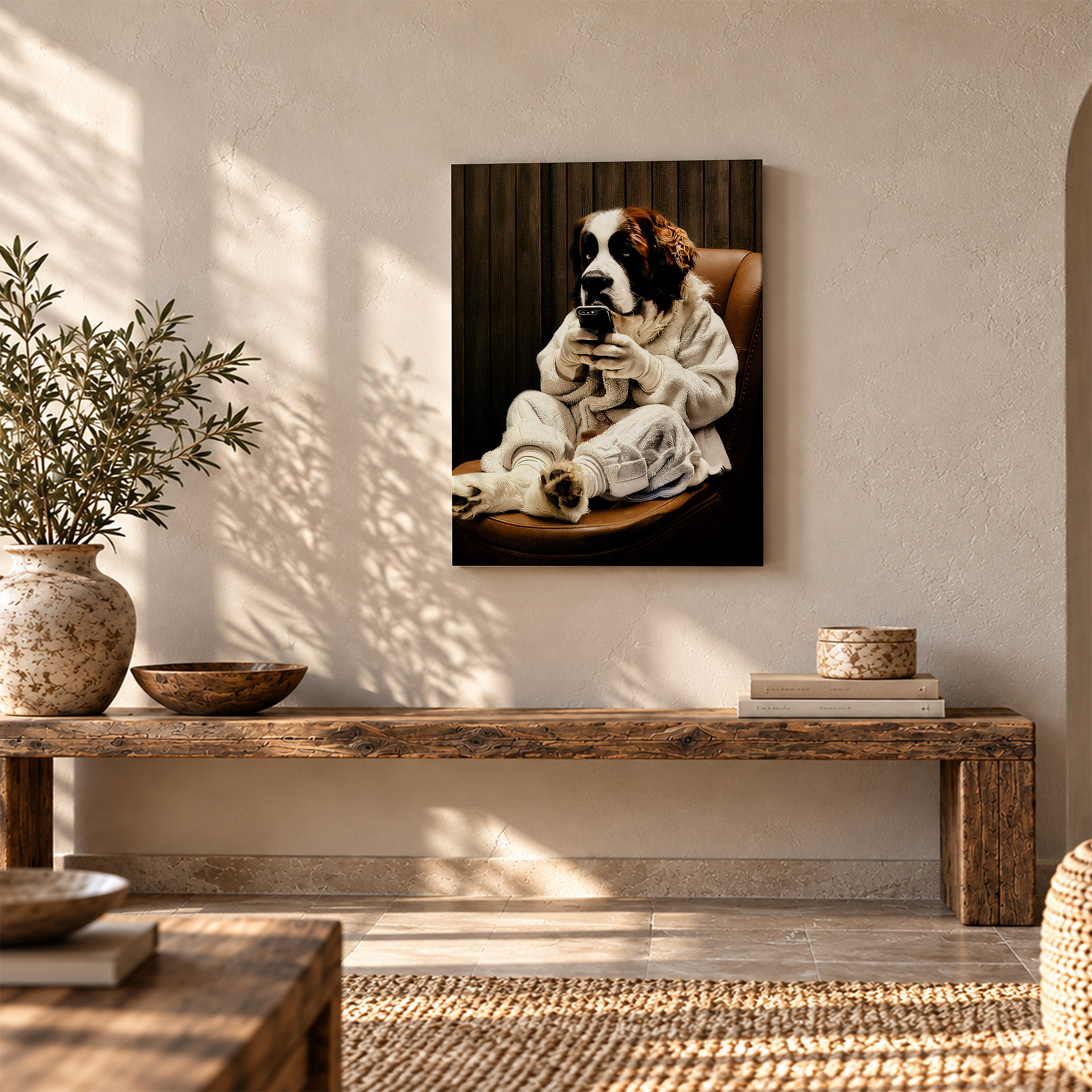 Cute St. Bernard Dog with Smartphone Framed Canvas Wall Art - Image 5