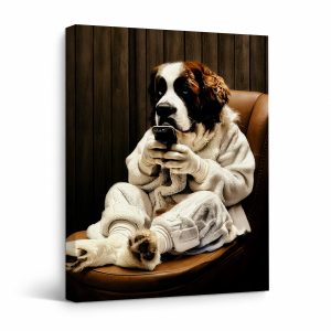 Cute St. Bernard Dog with Smartphone Framed Canvas Wall Art