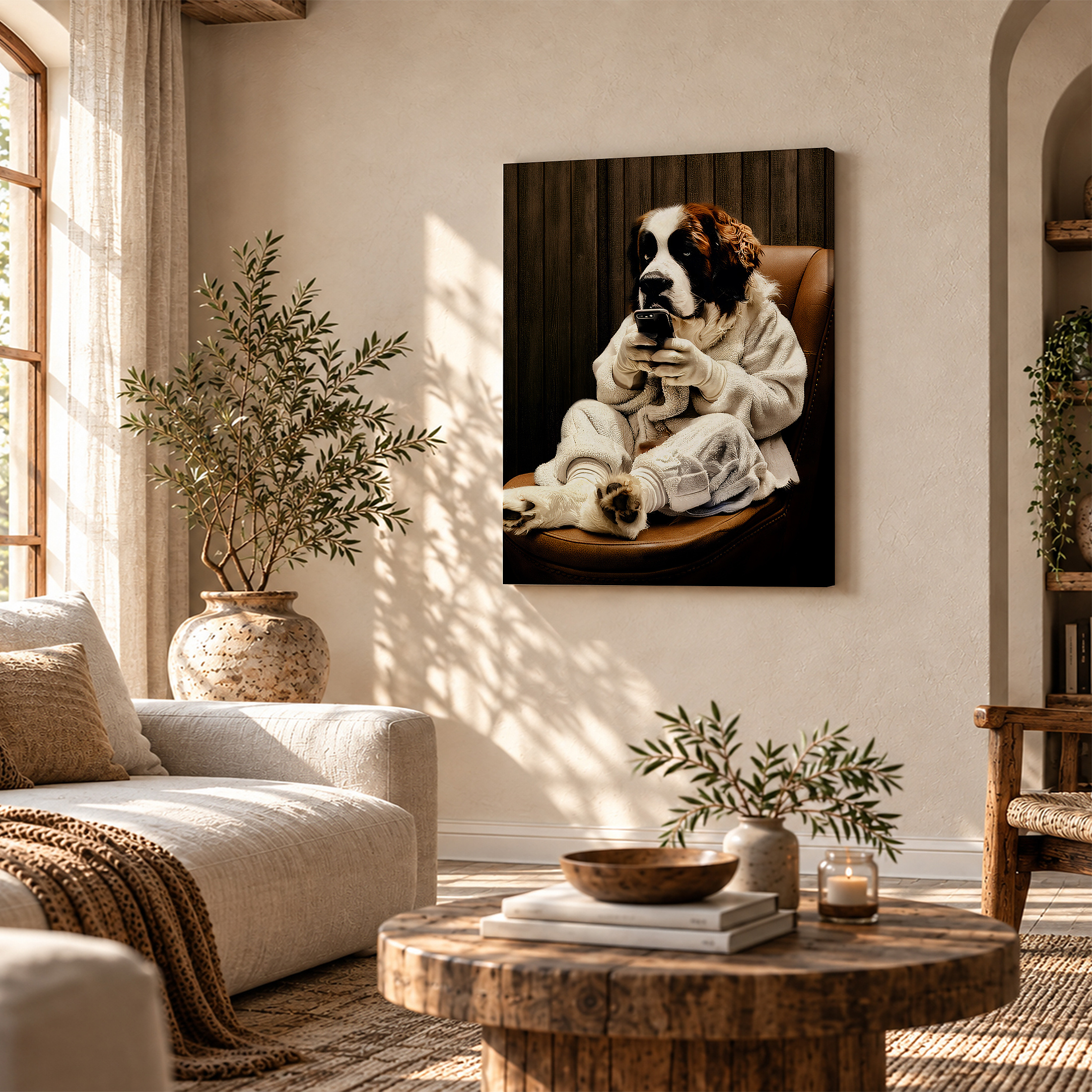 Cute St. Bernard Dog with Smartphone Framed Canvas Wall Art - Image 4