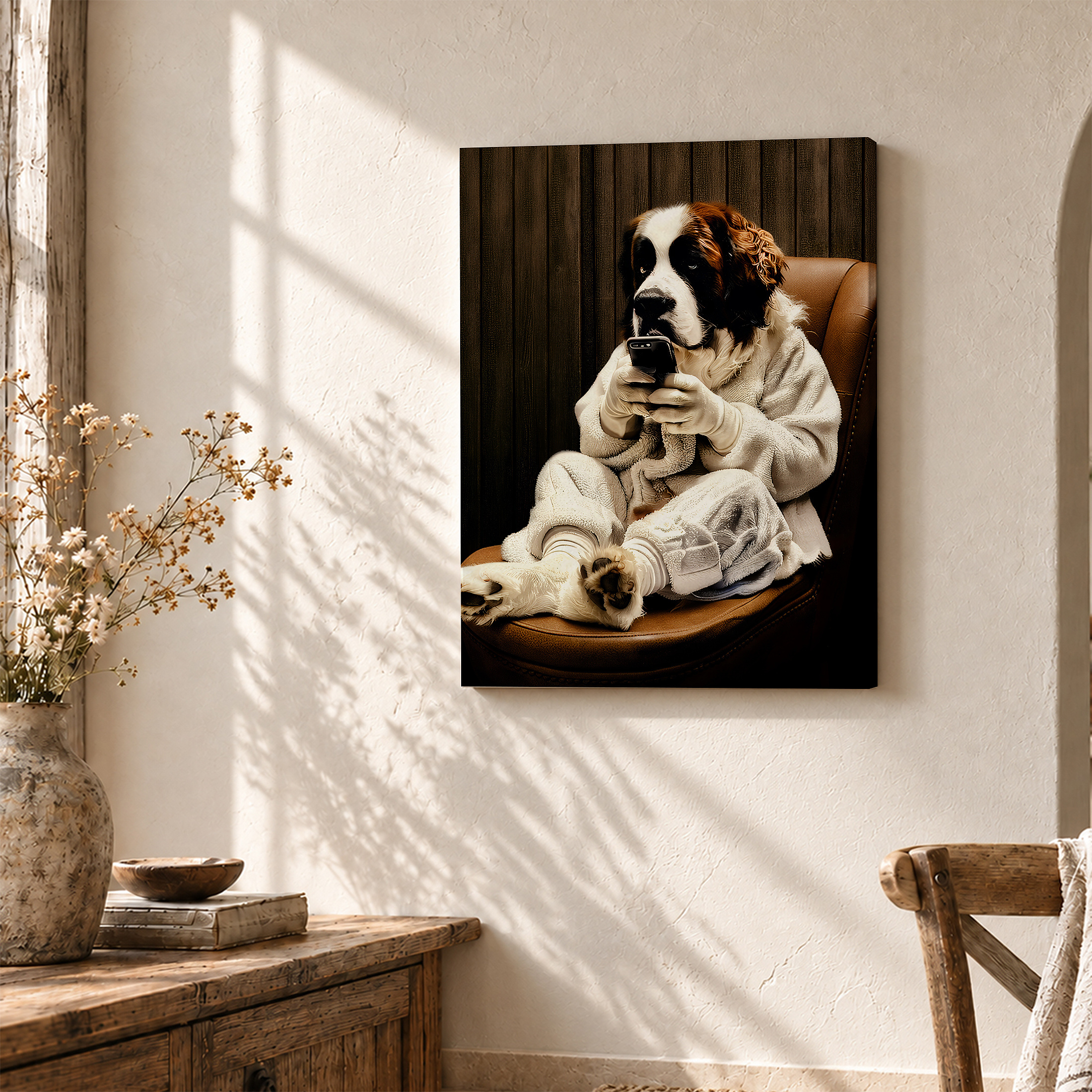 Cute St. Bernard Dog with Smartphone Framed Canvas Wall Art - Image 3