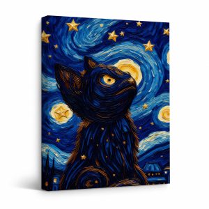 Starry Night Cat Framed Canvas Wall Art - Ready to Hang