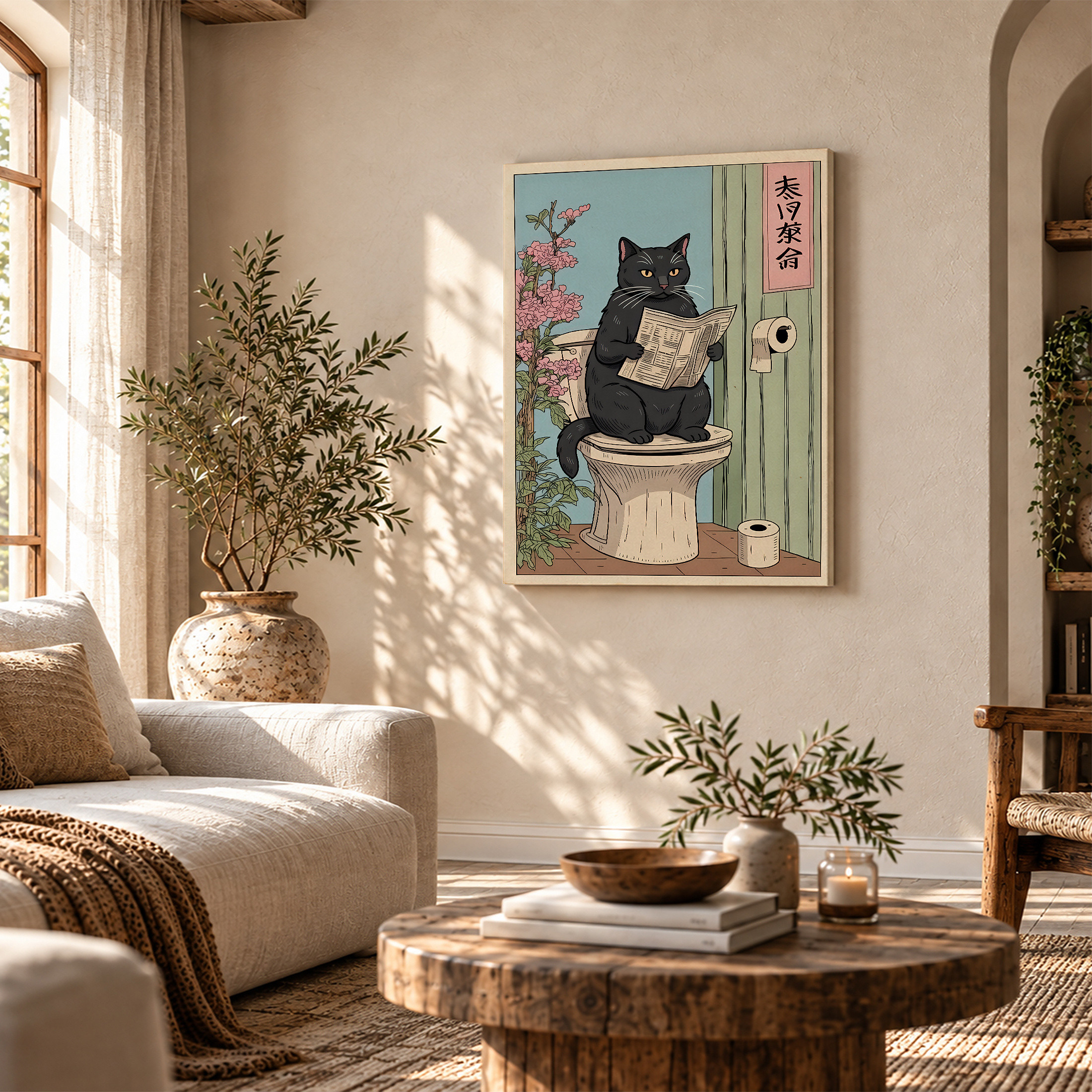Charming Black Cat Newspaper Toilet Scene Framed Canvas Wall Art - Image 4