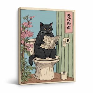 Charming Black Cat Newspaper Toilet Scene Framed Canvas Wall Art