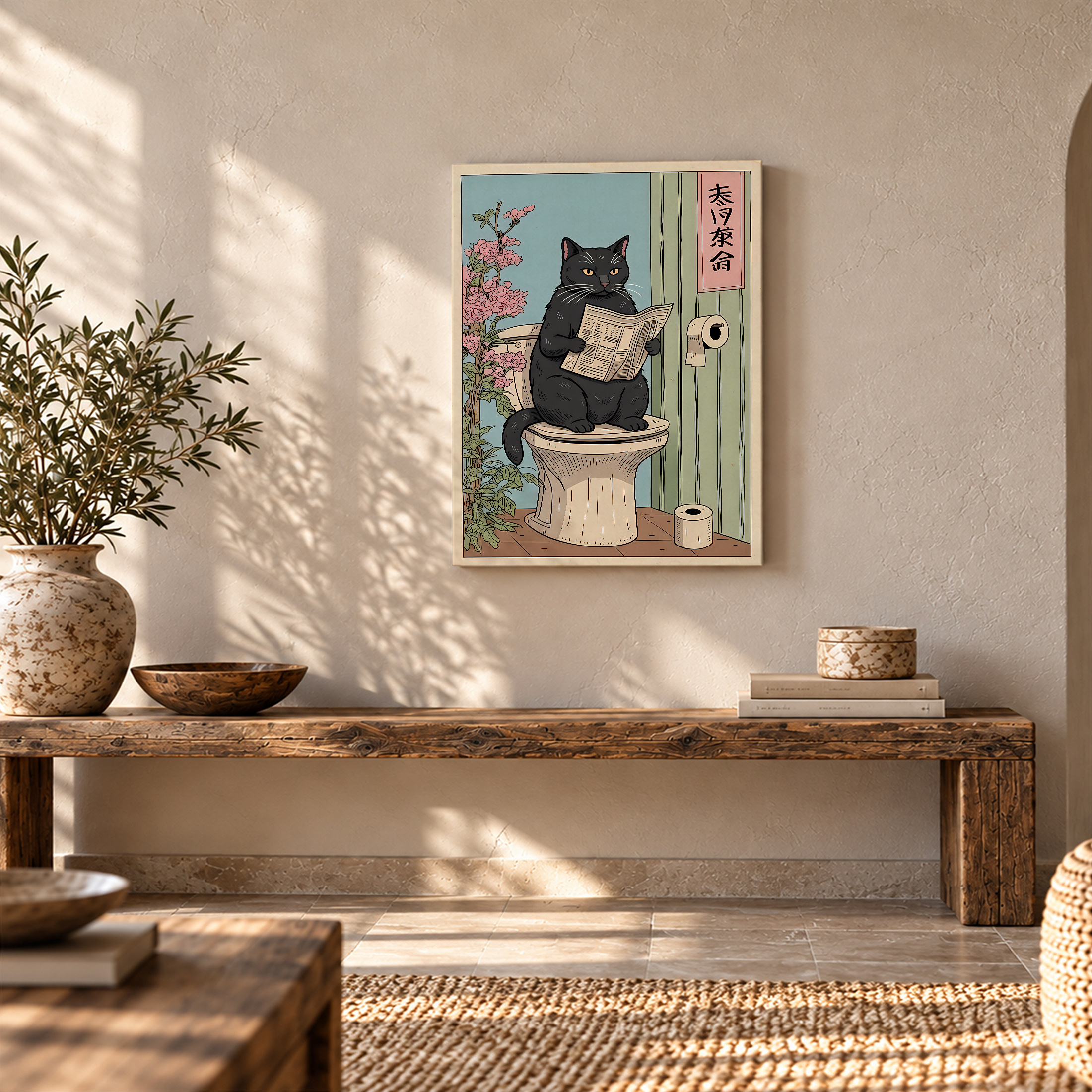 Charming Black Cat Newspaper Toilet Scene Framed Canvas Wall Art - Image 5