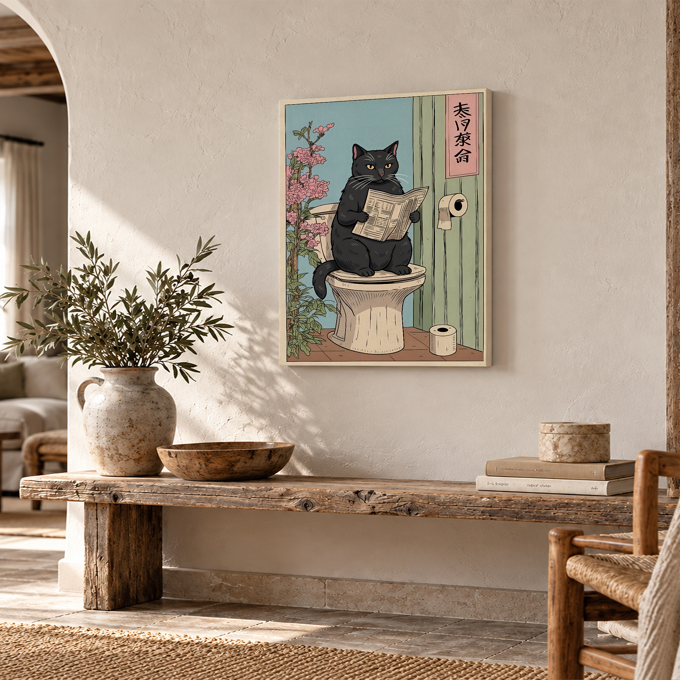 Charming Black Cat Newspaper Toilet Scene Framed Canvas Wall Art - Image 2