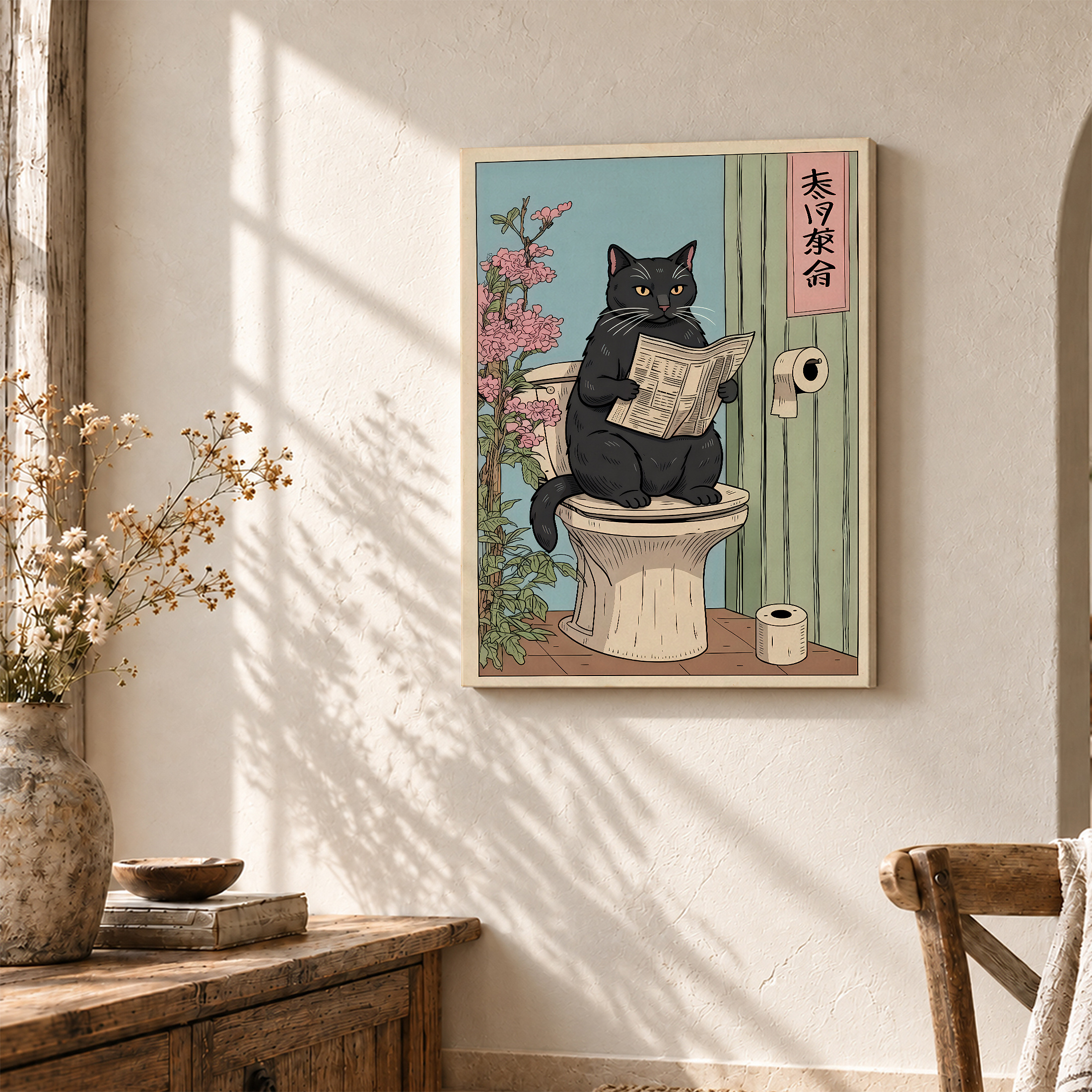 Charming Black Cat Newspaper Toilet Scene Framed Canvas Wall Art - Image 3