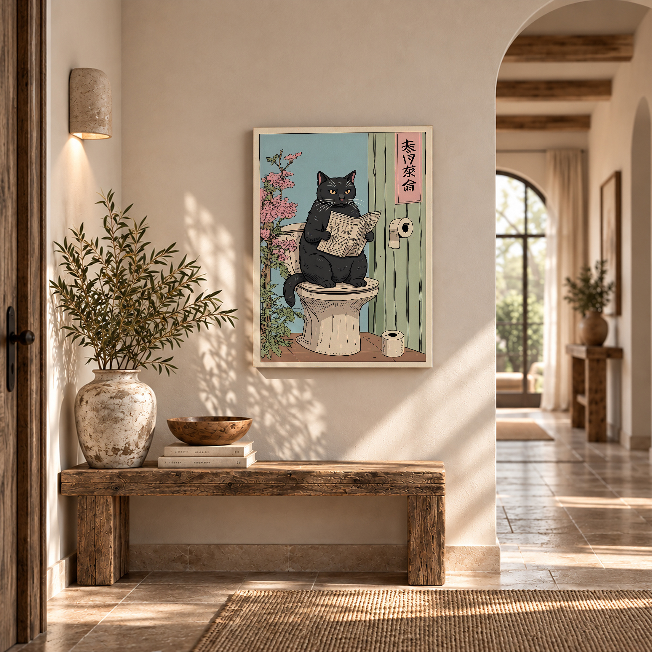 Charming Black Cat Newspaper Toilet Scene Framed Canvas Wall Art - Image 6