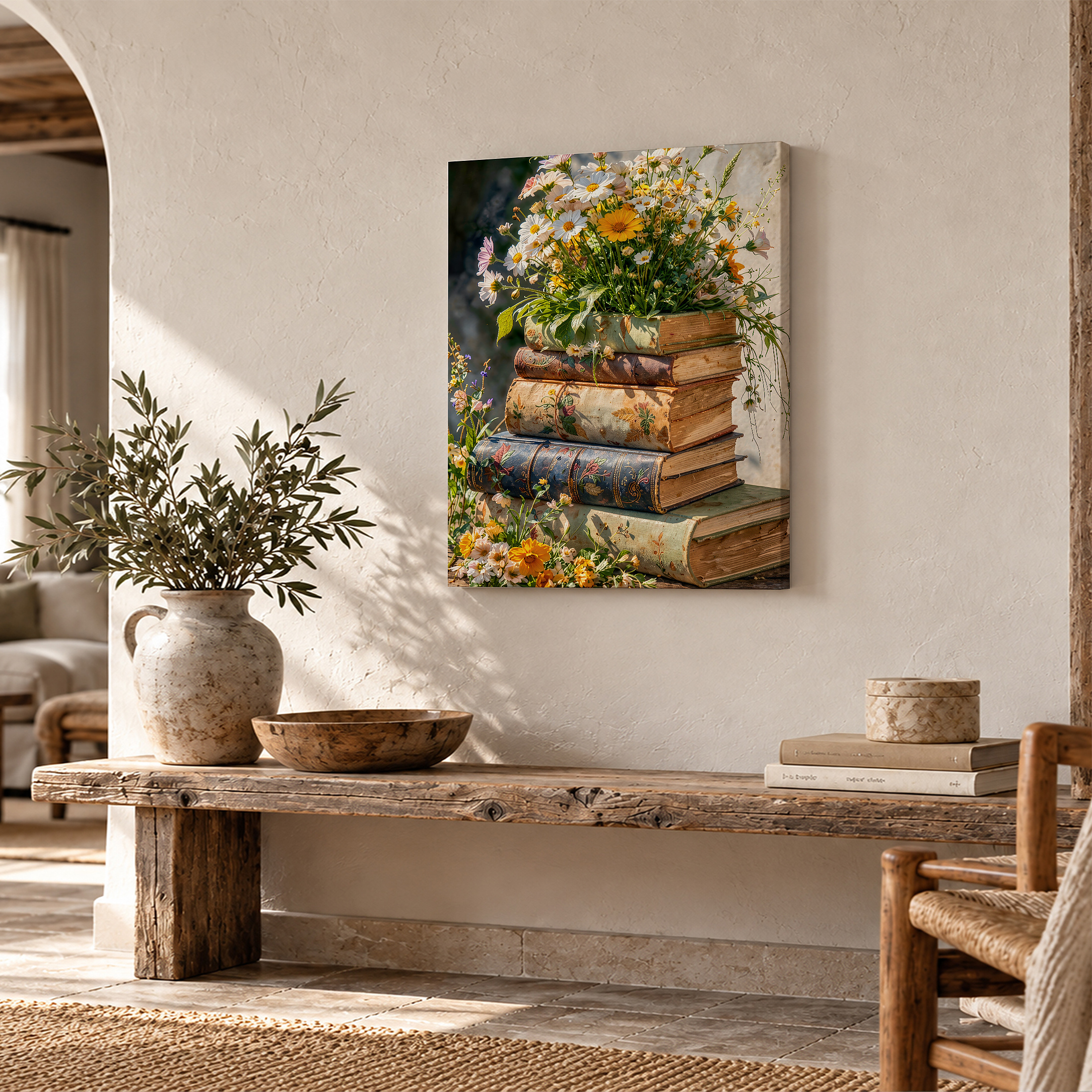 Vintage Books & Wildflowers Framed Canvas Wall Art Ready to Hang - Image 2