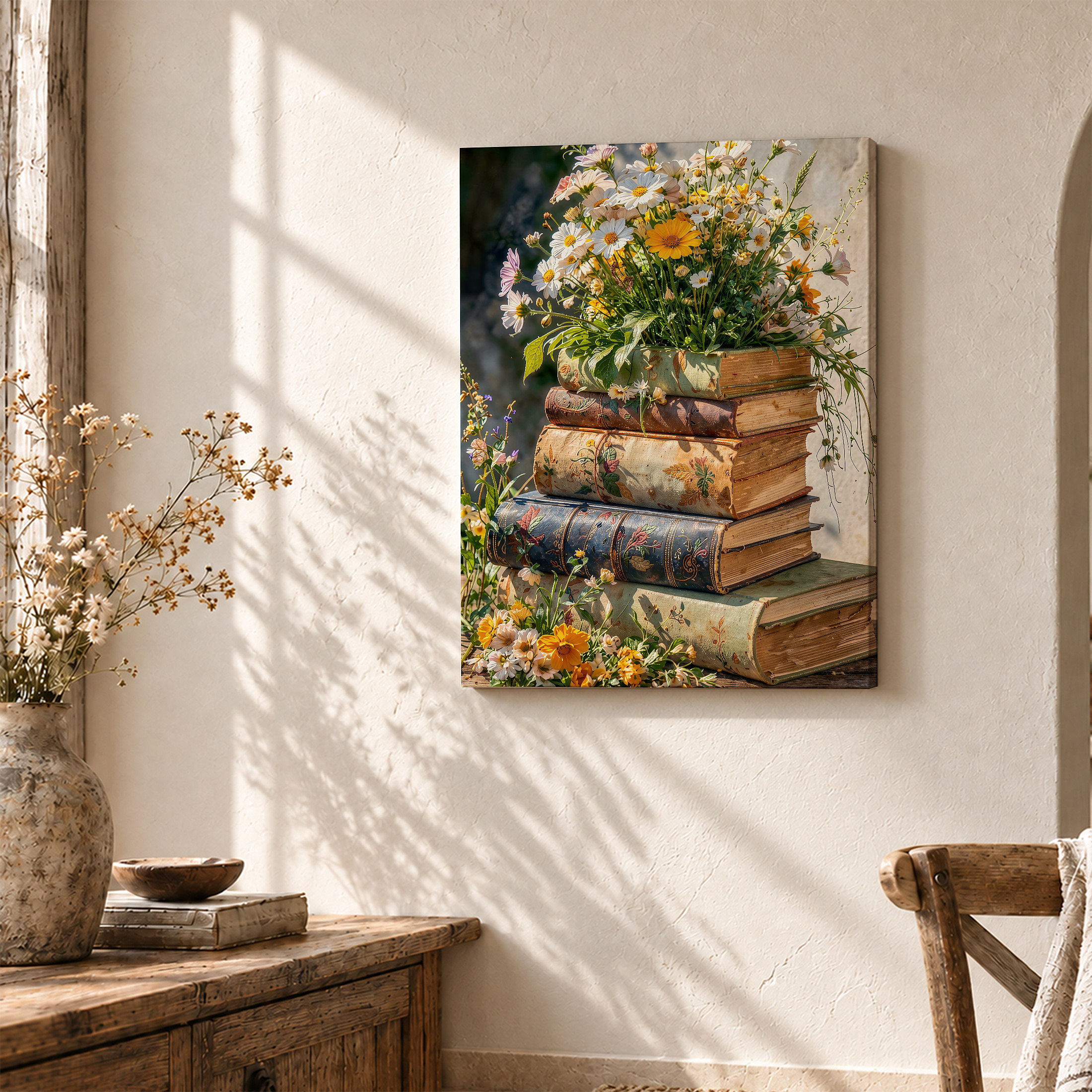 Vintage Books & Wildflowers Framed Canvas Wall Art Ready to Hang - Image 3