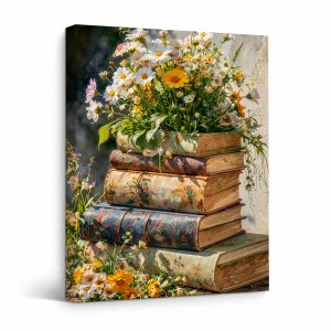 Vintage Books & Wildflowers Framed Canvas Wall Art Ready to Hang