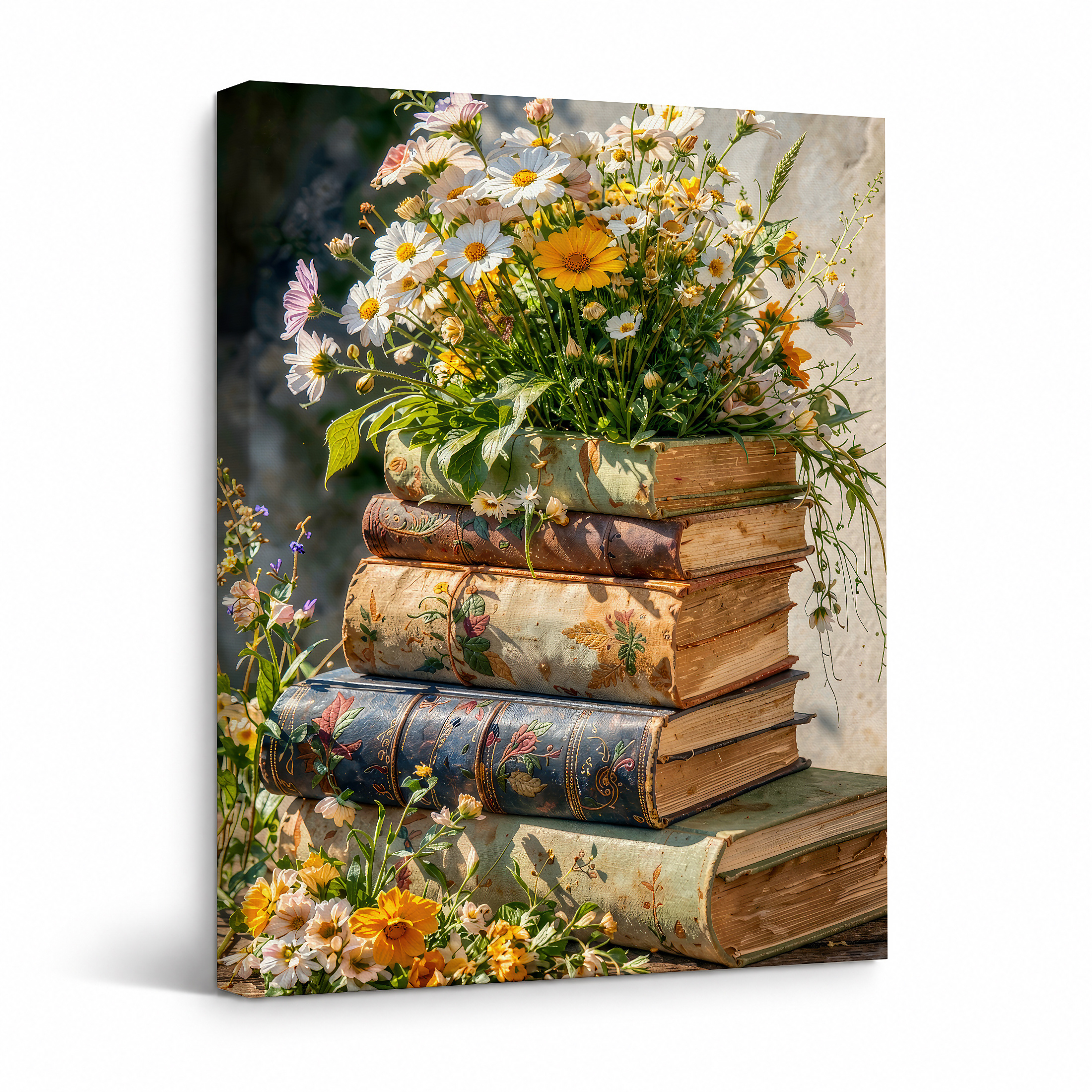Vintage Books & Wildflowers Framed Canvas Wall Art Ready to Hang