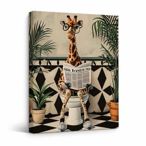 Giraffe Reading Newspaper Bathroom Art Framed Canvas Wall Art