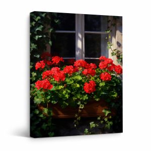 Red Geraniums Window Box Framed Canvas Wall Art - Ready to Hang