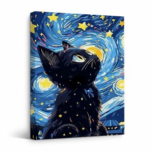 Starry Night Black Cat Framed Canvas Wall Art | Ready to Hang