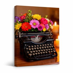 Vintage Typewriter with Flowers & Candles Framed Canvas Wall Art