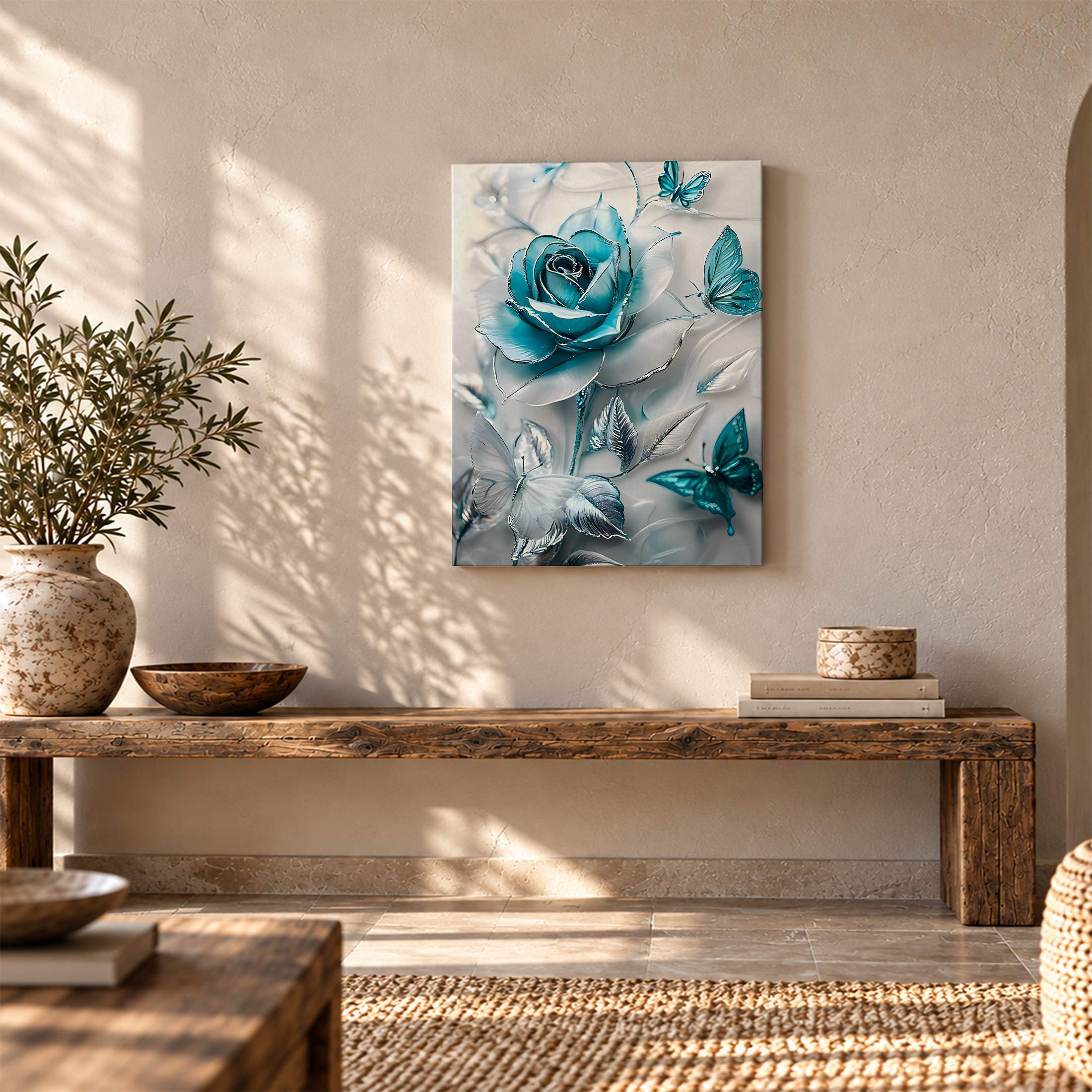 Blue Rose & Butterfly 3D Framed Canvas Wall Art - Ready to Hang - Image 5