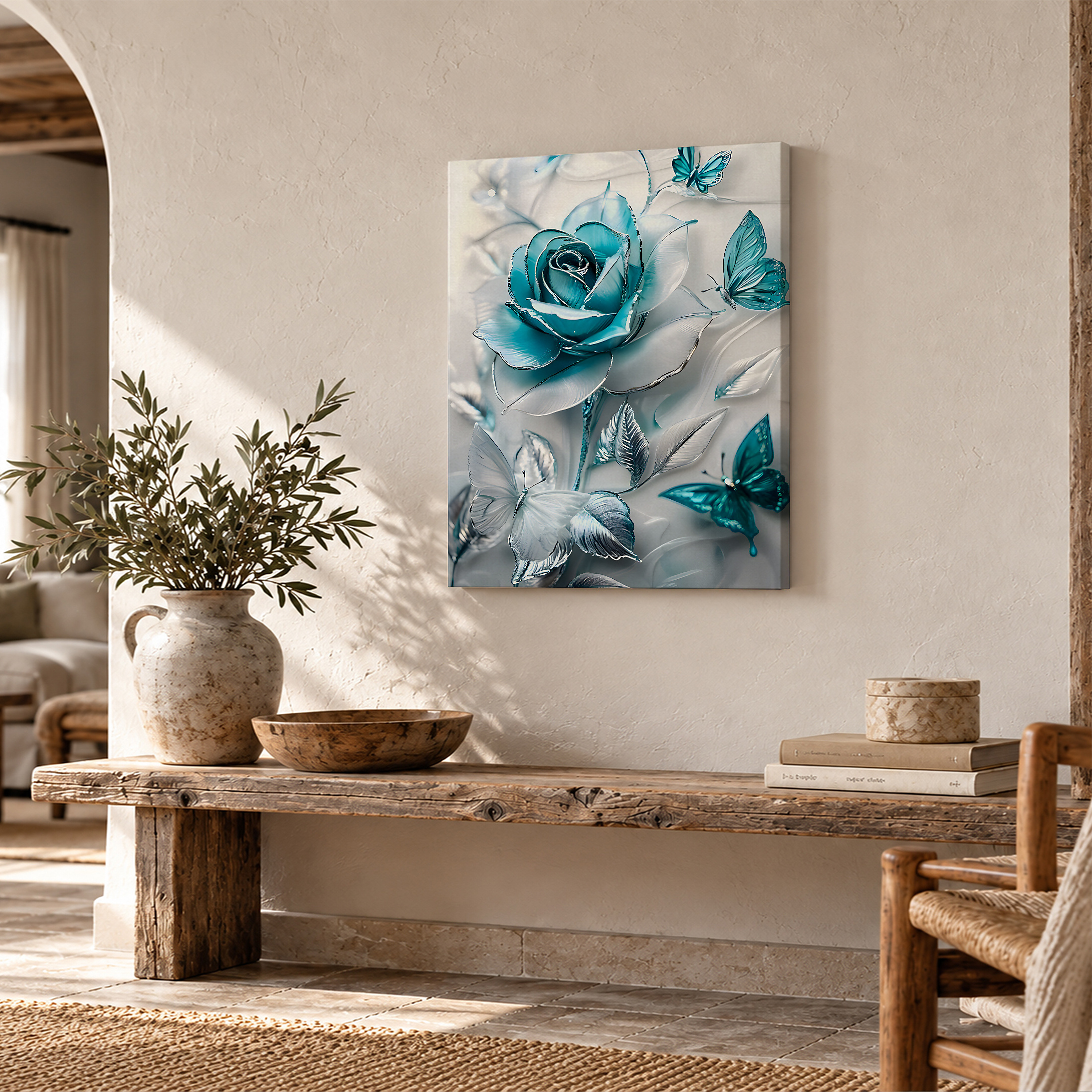 Blue Rose & Butterfly 3D Framed Canvas Wall Art - Ready to Hang - Image 2