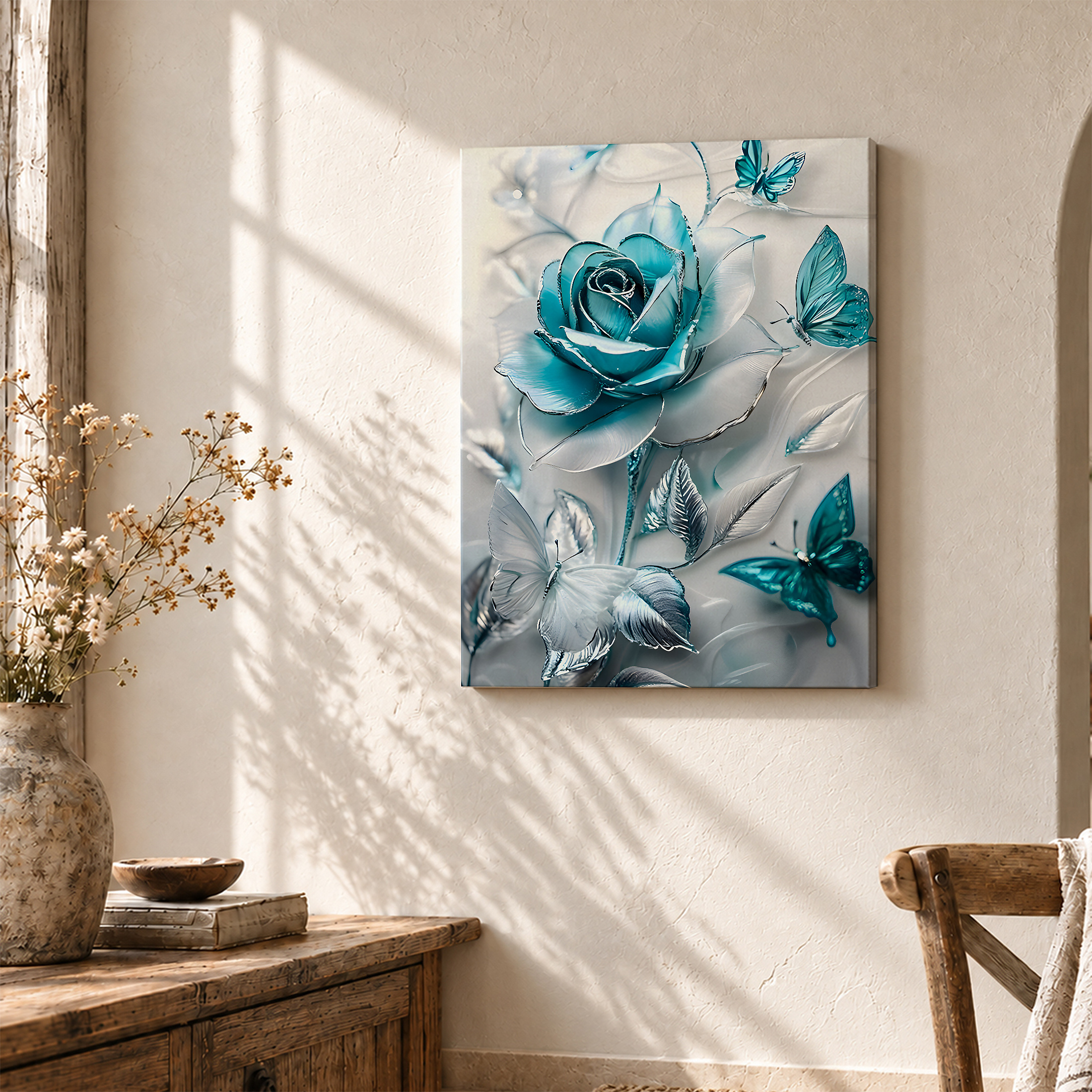 Blue Rose & Butterfly 3D Framed Canvas Wall Art - Ready to Hang - Image 3