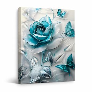 Blue Rose & Butterfly 3D Framed Canvas Wall Art - Ready to Hang