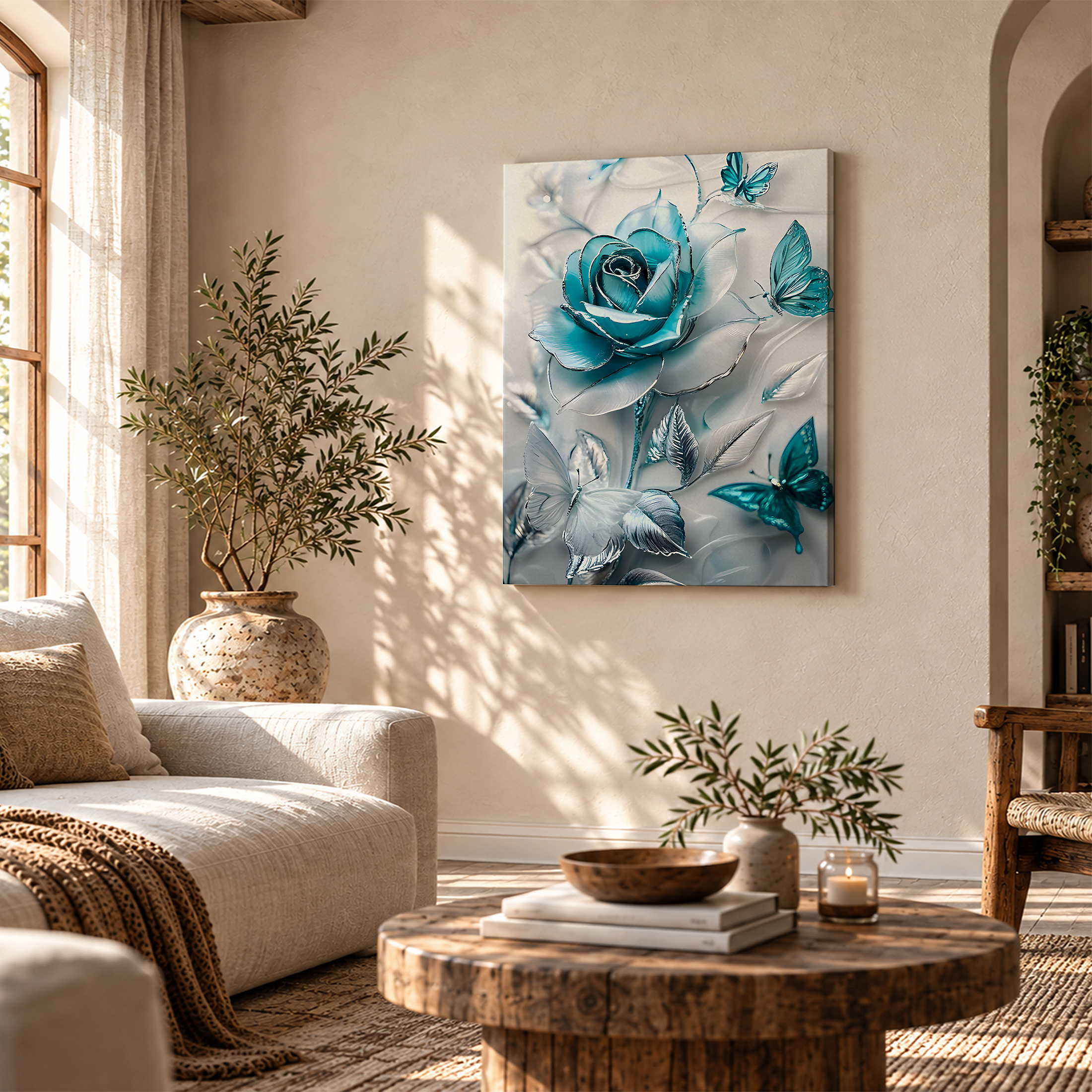 Blue Rose & Butterfly 3D Framed Canvas Wall Art - Ready to Hang - Image 4