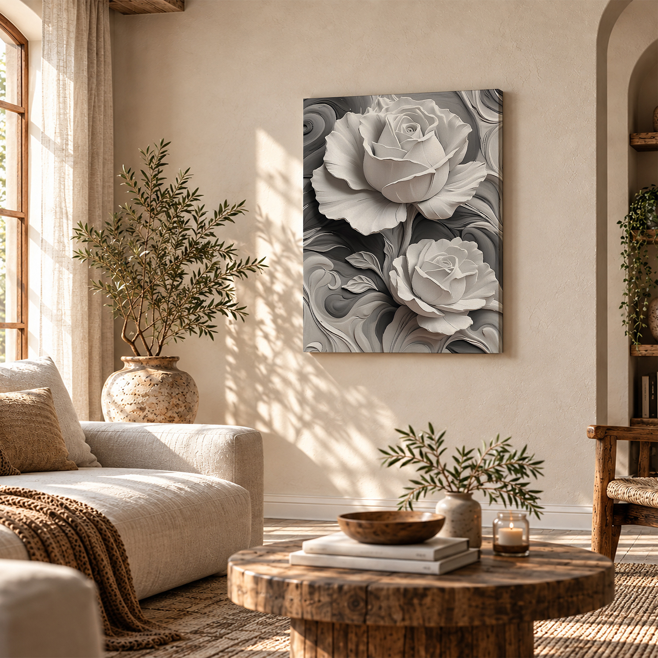Monochrome Rose Abstract Framed Canvas Wall Art | Ready to Hang - Image 4