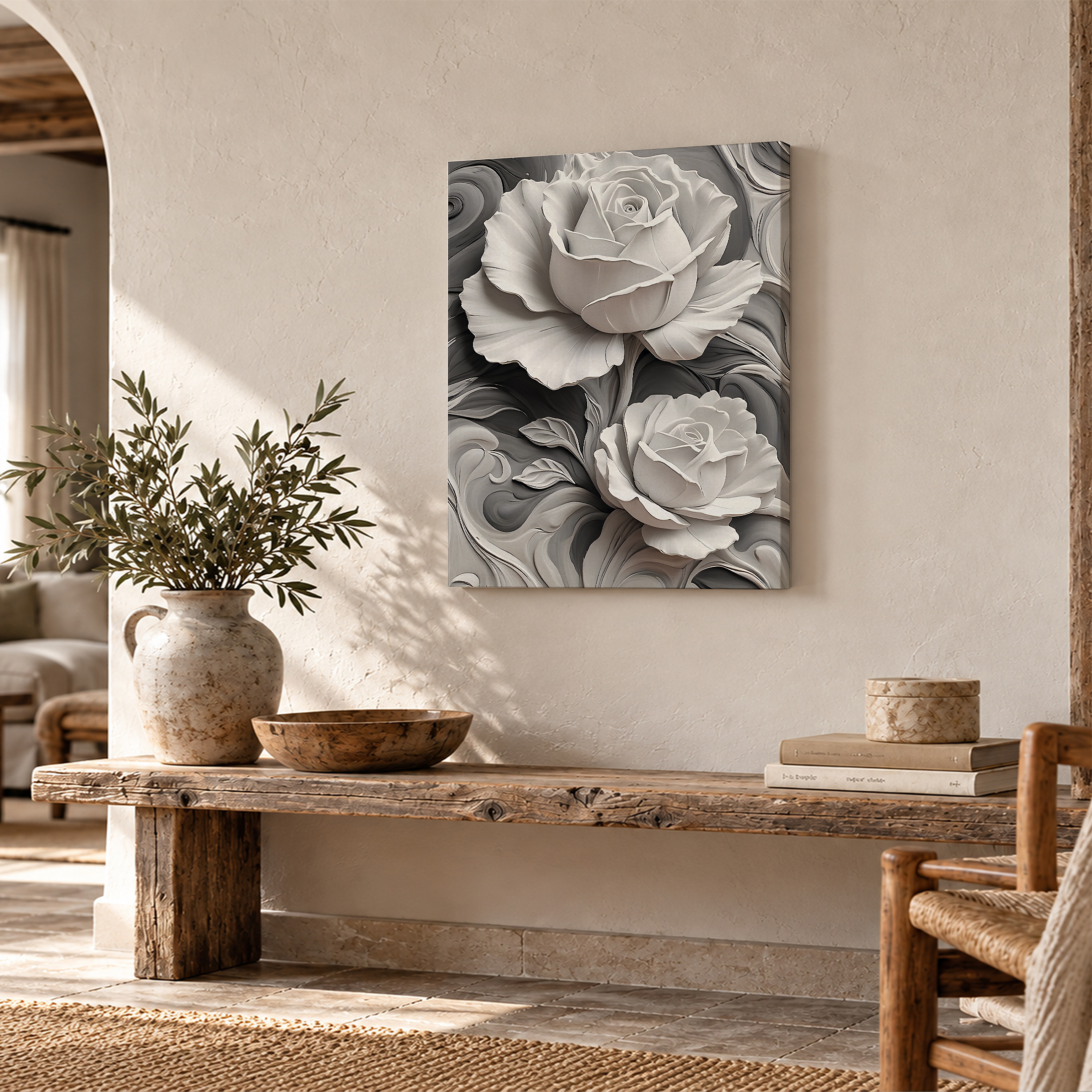 Monochrome Rose Abstract Framed Canvas Wall Art | Ready to Hang - Image 2