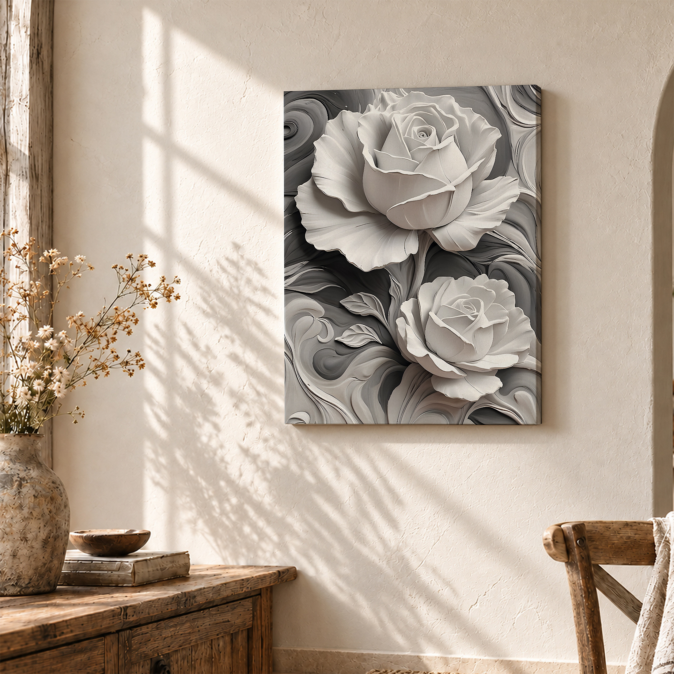 Monochrome Rose Abstract Framed Canvas Wall Art | Ready to Hang - Image 3