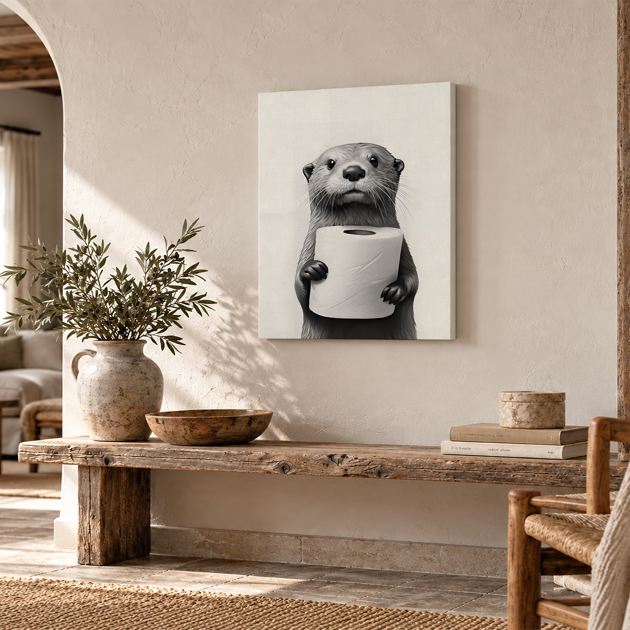 Cute Otter with Toilet Paper Framed Canvas Wall Art Ready to Hang - Image 2