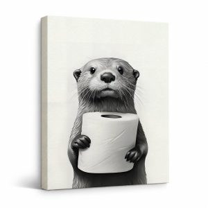 Cute Otter with Toilet Paper Framed Canvas Wall Art Ready to Hang