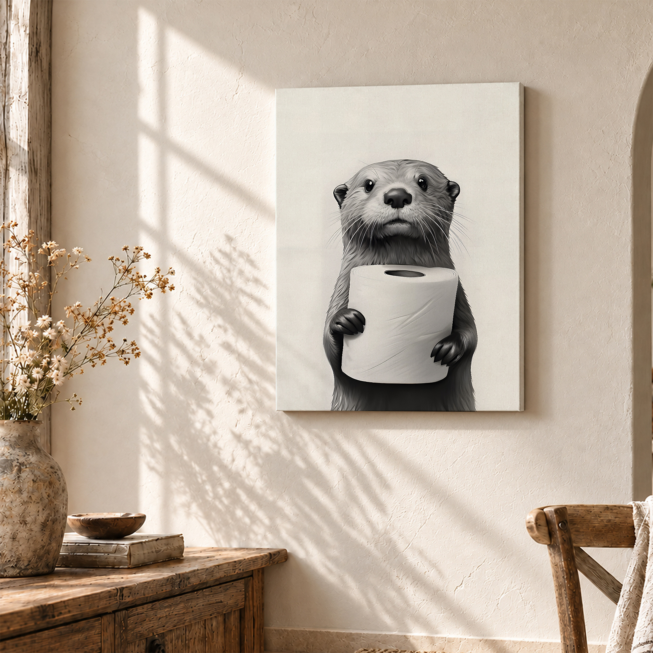 Cute Otter with Toilet Paper Framed Canvas Wall Art Ready to Hang - Image 3
