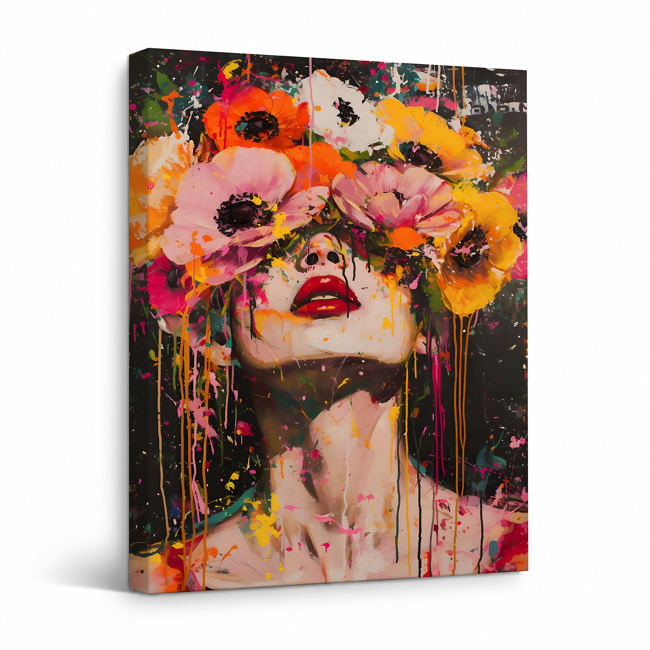 Vibrant Floral Face Framed Canvas Wall Art - Ready to Hang
