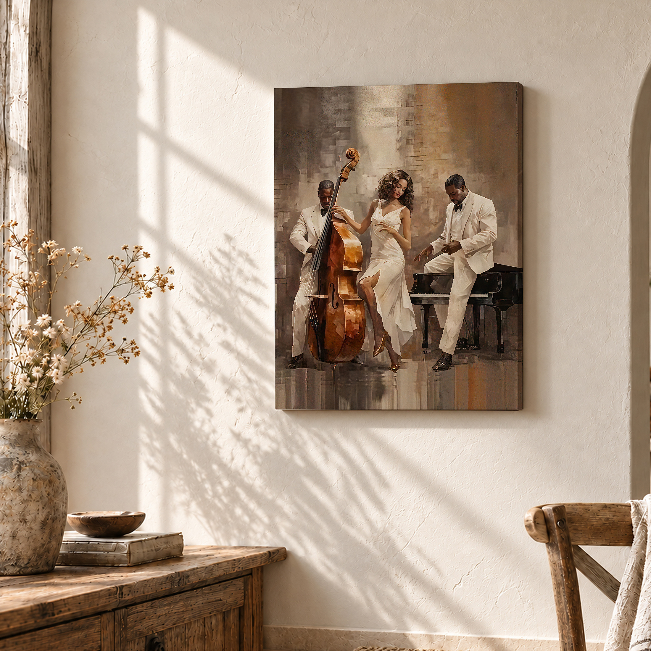 Jazz Trio Elegance Framed Canvas Wall Art - Ready to Hang - Image 3