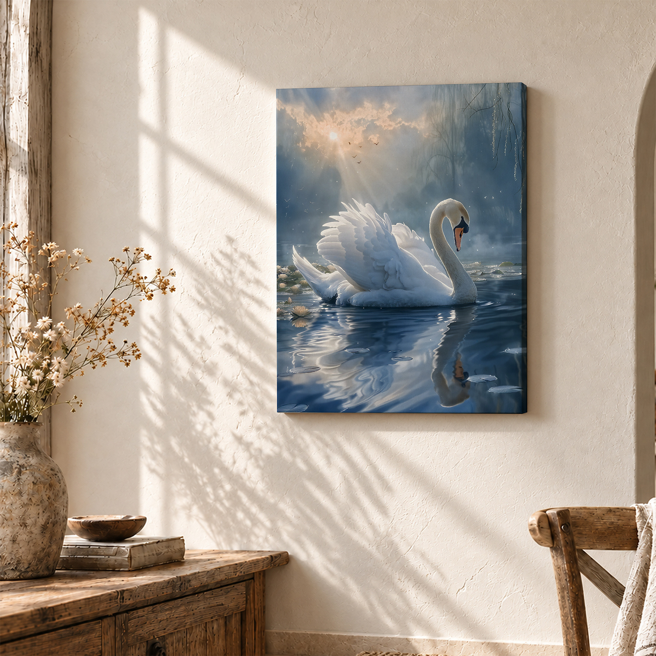 Sunset Swan Serenity Framed Canvas Wall Art Ready to Hang - Image 3