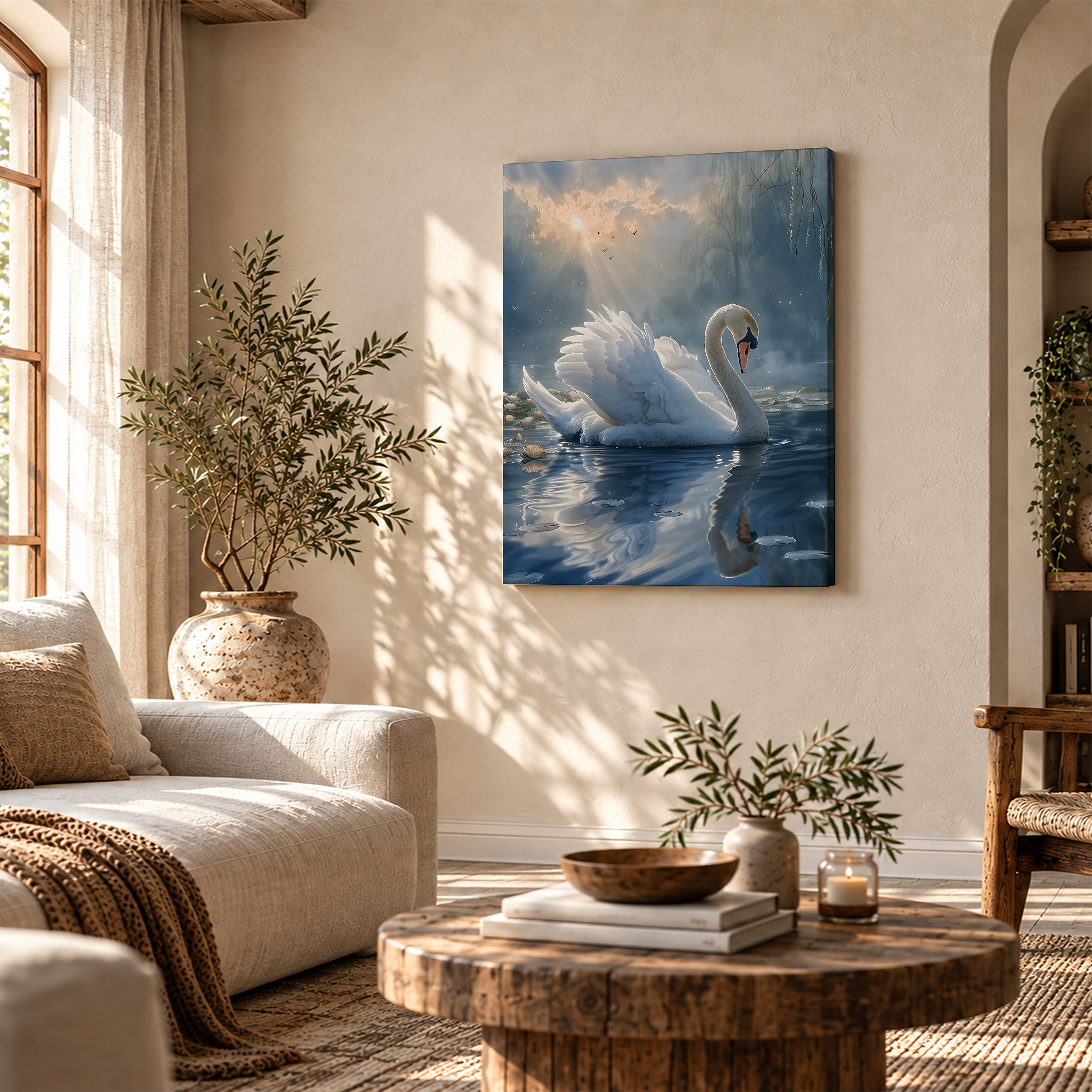 Sunset Swan Serenity Framed Canvas Wall Art Ready to Hang - Image 4