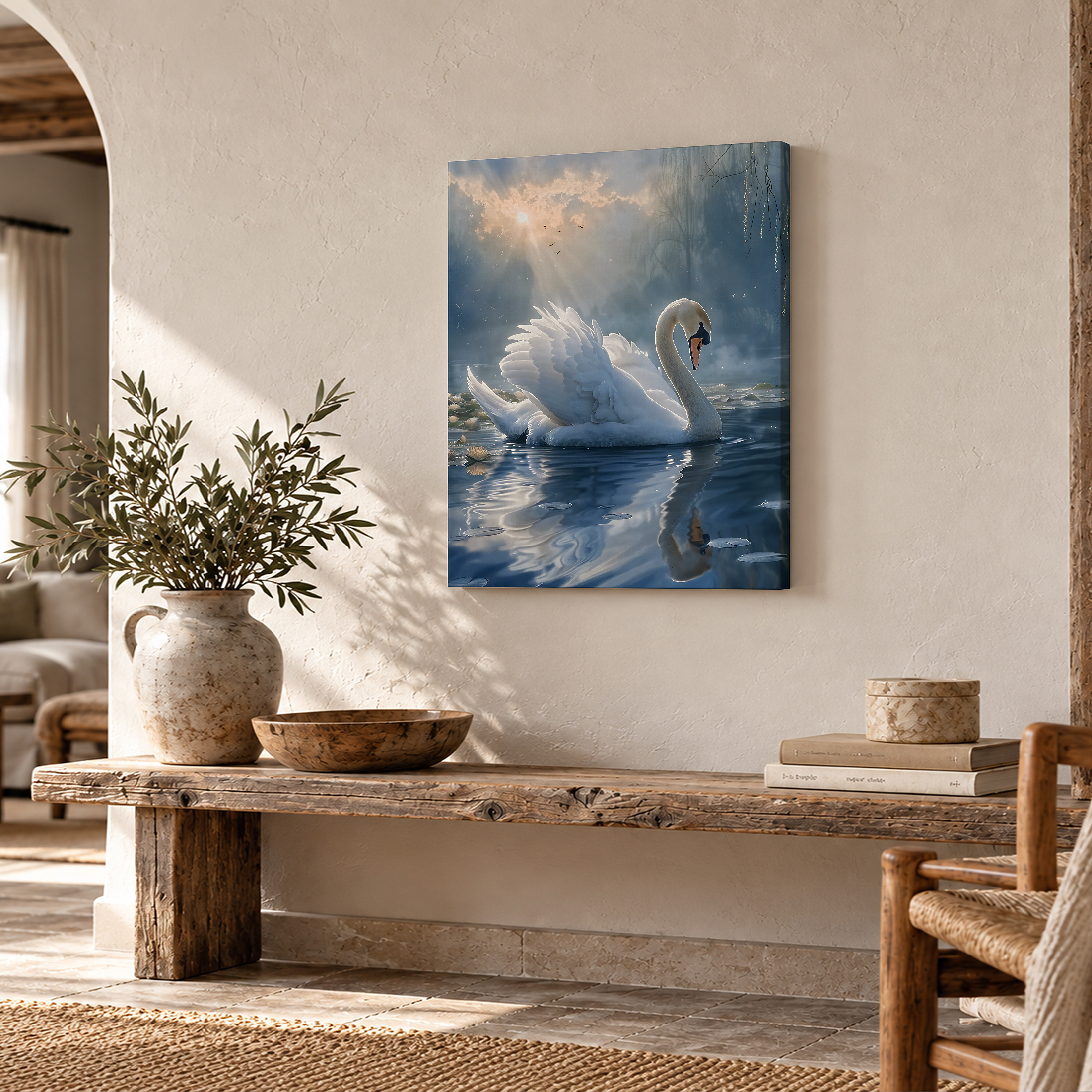 Sunset Swan Serenity Framed Canvas Wall Art Ready to Hang - Image 2