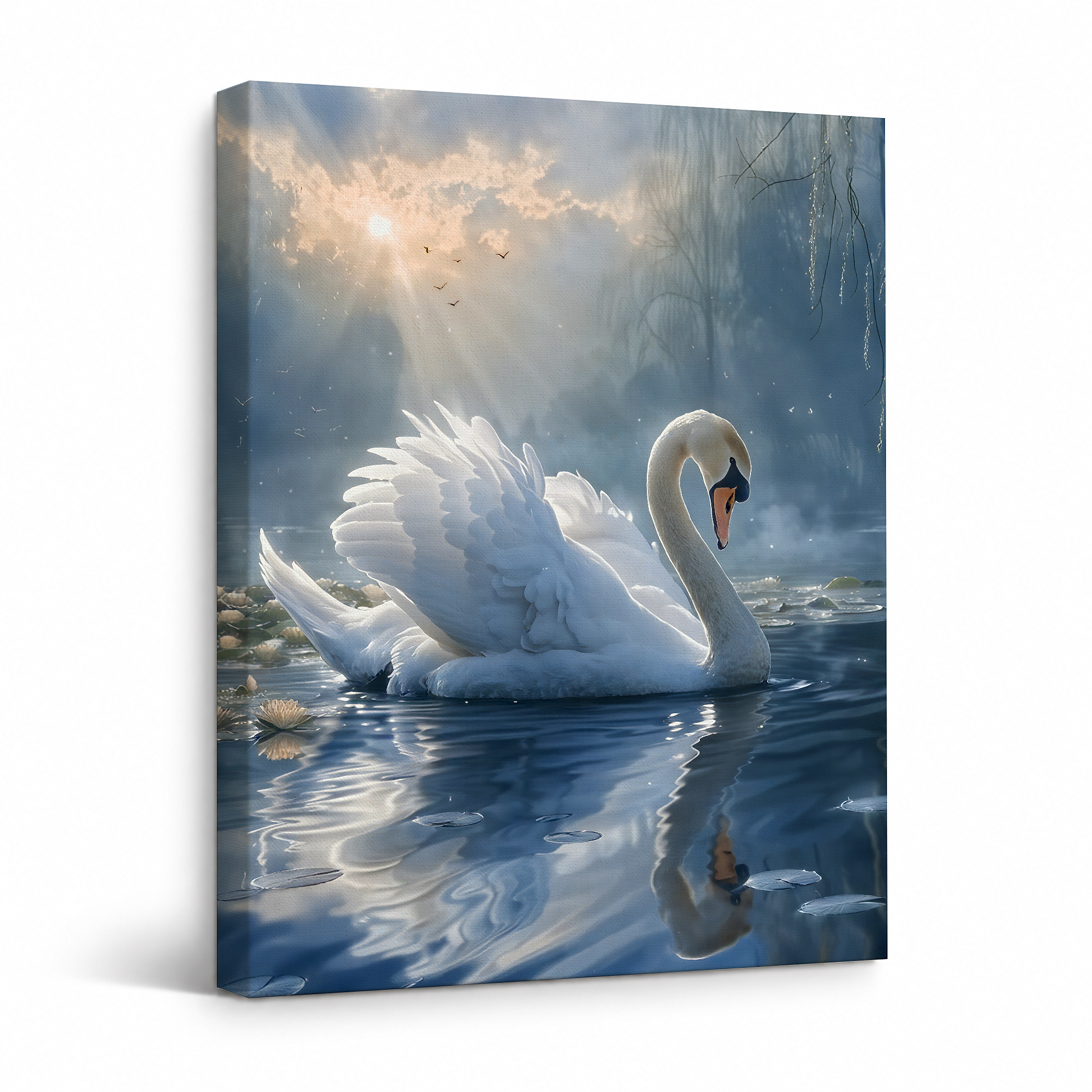 Sunset Swan Serenity Framed Canvas Wall Art Ready to Hang