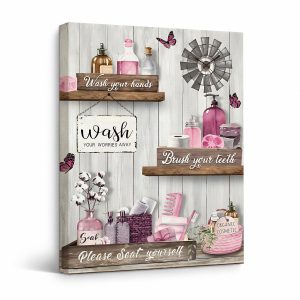 Pink Farmhouse Bathroom Wall Art Framed Canvas Wall Art Ready to Hang
