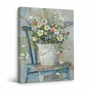 Vintage Floral Chair Bucket Bouquet Framed Canvas Wall Art