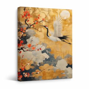 Red-Crowned Crane & Cherry Blossoms Moonrise Framed Canvas Wall Art